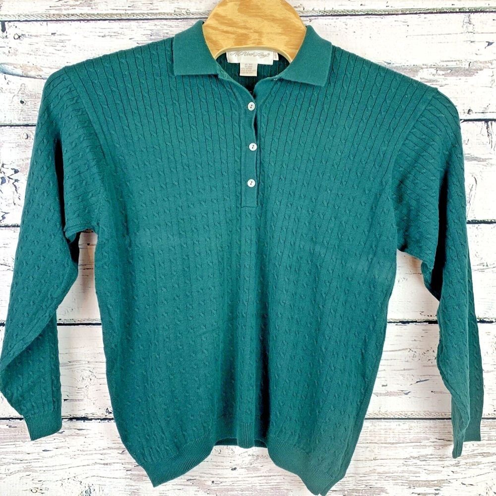All Week Long Cotton Knit Polo Shirt Textured Long‎ Sleeve Green [Size Small]